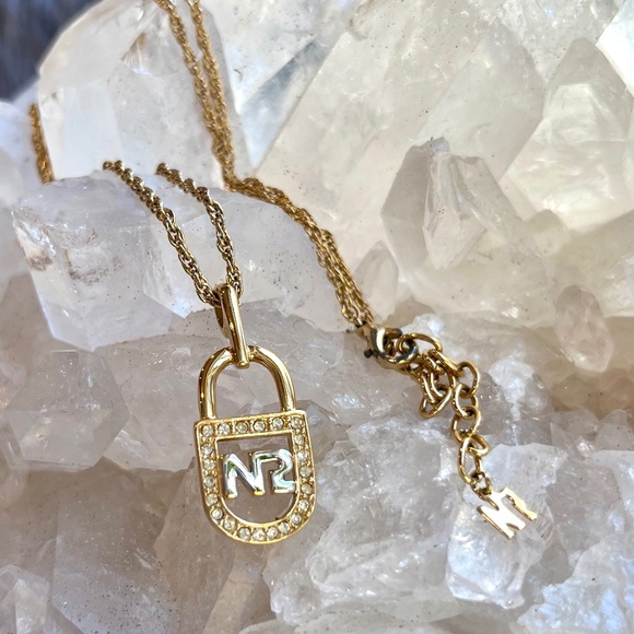 Nina Ricci Gold Two-toned Crystal Lock Necklace with Branded Chain - Picture 1 of 9